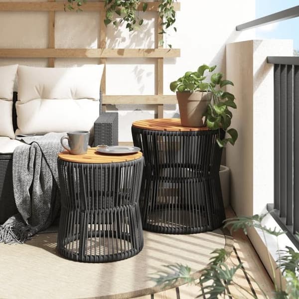 Maison Exclusive - Trädgårds sidobord 2 st med svart träskiva i polyrotting