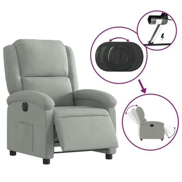 Recliner - EXKLUSIV HEM - Elektrisk - Ljusgrå sammet - Lutning 135° - Sidoficka Ljusgrått
