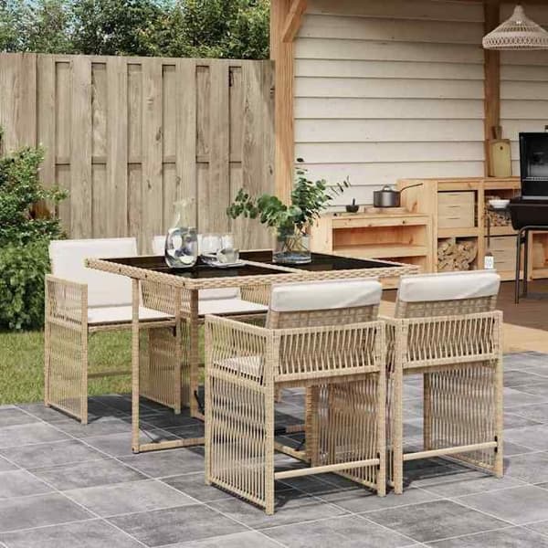 Havemøbel sæt - EKSKLUSIV HUS - 5 dele - Beige - Poly rattan - Tempereret glas plade beige