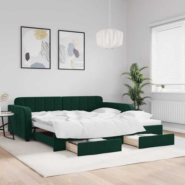 Seng i dag - EKSKLUSIV HUS - 100x200 cm - sovesofa - 2 skuffer - grøn velour