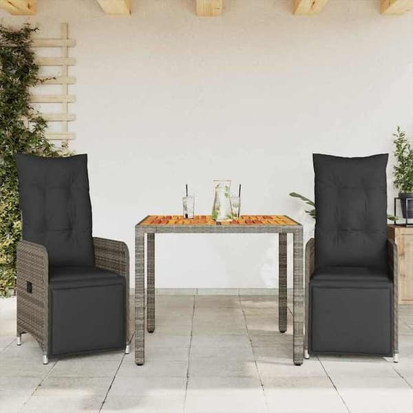 Bistro sæt - MAISON EXCLUSIVE - 3 dele - Grå puder - Poly rattan - Akacietræ bord grå