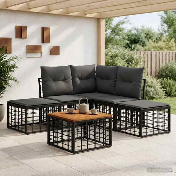 Udendørs sofa sæt - EKSKLUSIV HUS - Modulerbar - Vejrbestandig poly rattan - Tykkede puder - Sort & Grå Svart och mörkgrå