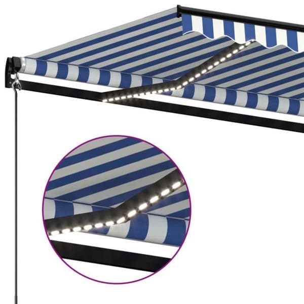 Fällbart markis - EXKLUSIV HUS - Manuell LED-markis - 450x350 cm - Aluminiumram - Polyester PU Blå och vit