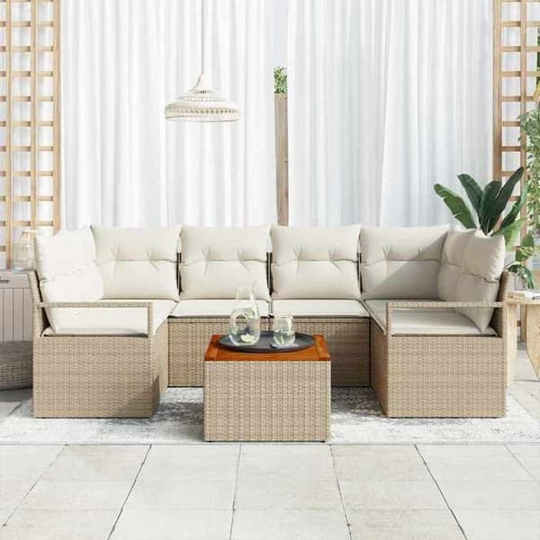 Maison Exclusive - 7 osan beige ja kerma polyrottinkinen puutarhakalustesetti