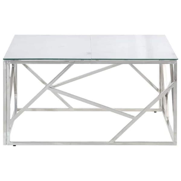 Bord - EKSKLUSIV HUS - 80 cm - Rustfrit stål - Hærdet glas marmor hvid - Sølv Silver