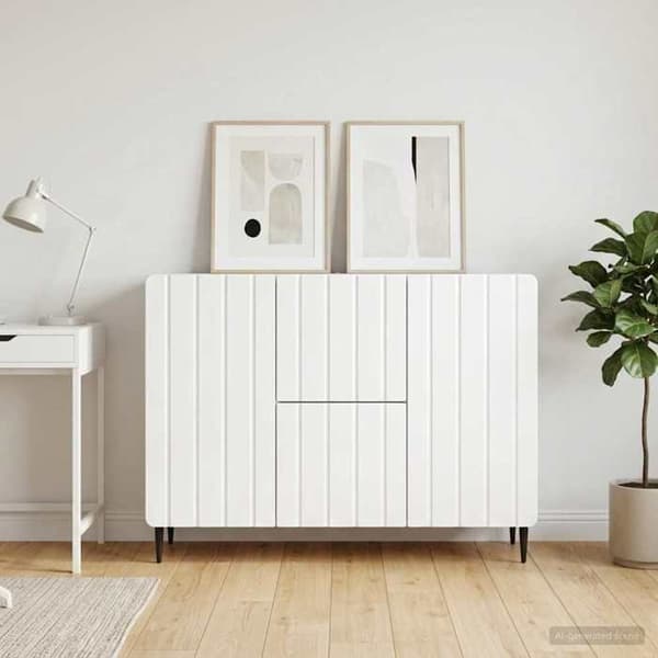 Buffet - EKSKLUSIVT HUS - 89 x 34,5 x 62 cm - Hvid glans - Ingeniørtræ - Sorte stålben Strålande vit