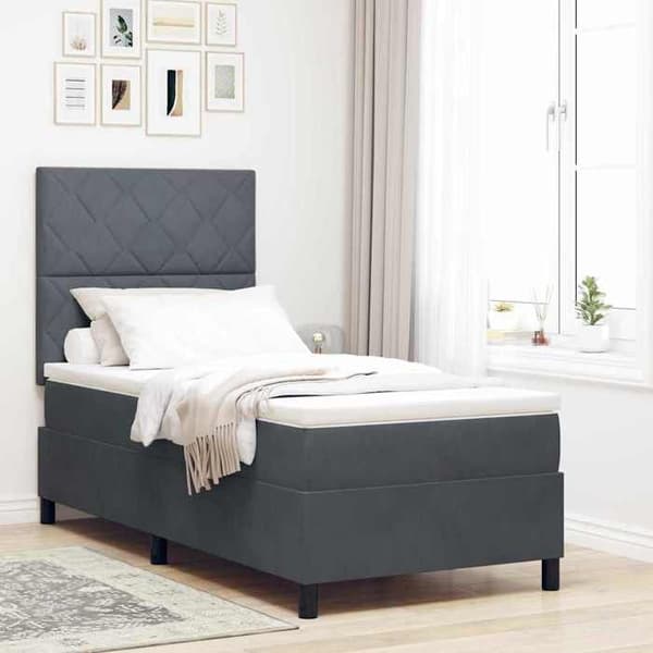 Fjederseng - EKSKLUSIV HUS - 90 x 190 cm - Mørkegrå velour - Hovedgærde i 2 højder - Pocketfjedre Mörkgrå