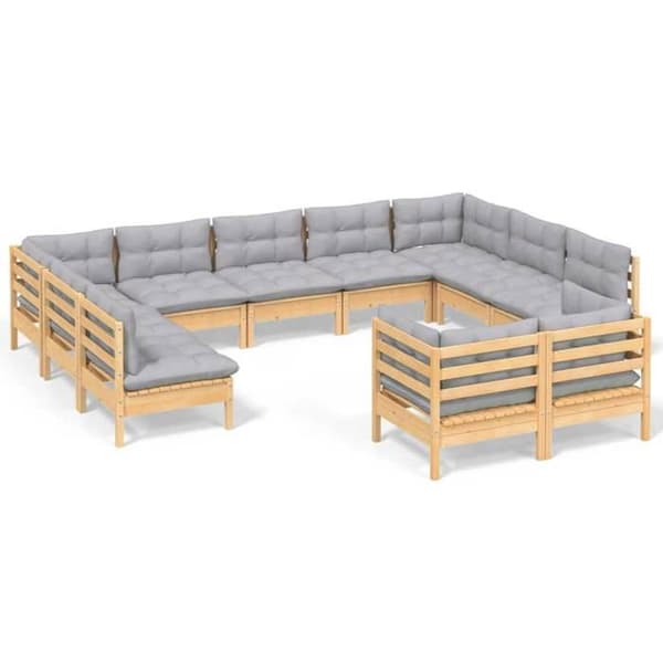 Maison Exclusive - Trädgårdsmöbler 11 delar med grå kuddar i solid furu Grå (kuddar)