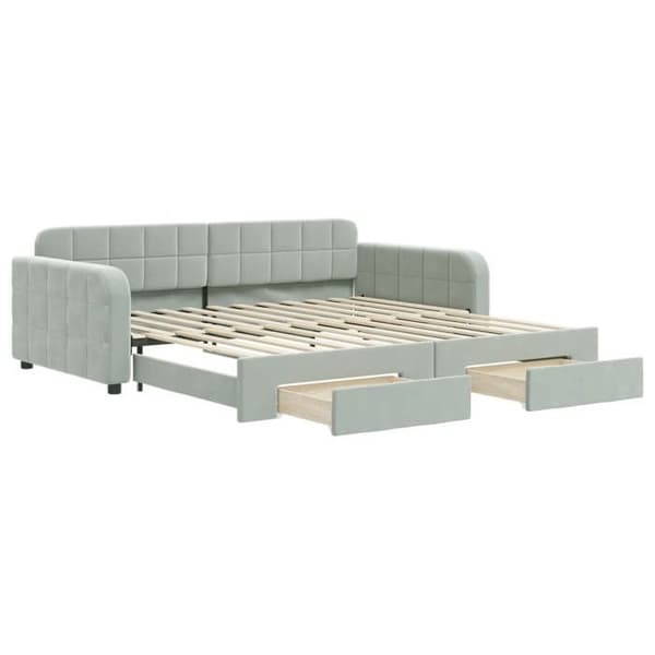 Dagseng - EKSKLUSIV HUS - Sovesofa 100x200 cm - Grå velour - 2 skuffer - Træ/metal ramme
