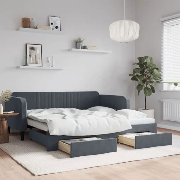 Päivävuode - EXKLUSIIVINEN TALO - Vakio malli - Alusvuode - 2 laatikkoa - Harmaa sametti 90x190 cm