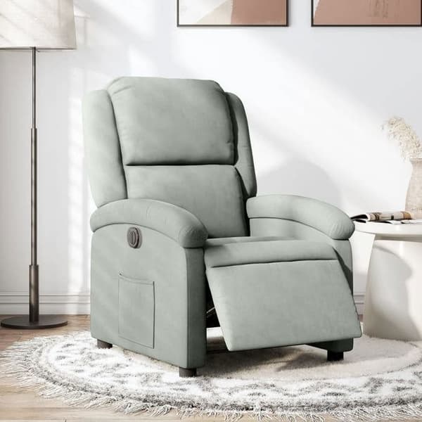 Recliner - EXKLUSIV HEM - Elektrisk - Ljusgrå sammet - Lutning 135° - Sidoficka Ljusgrått