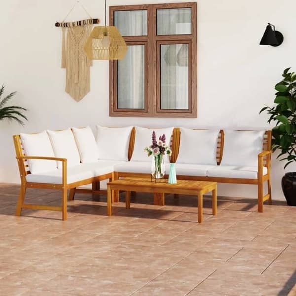 Maison Exclusive - Havegruppe 5 stk med cremefarvede puder i solid akacietræ