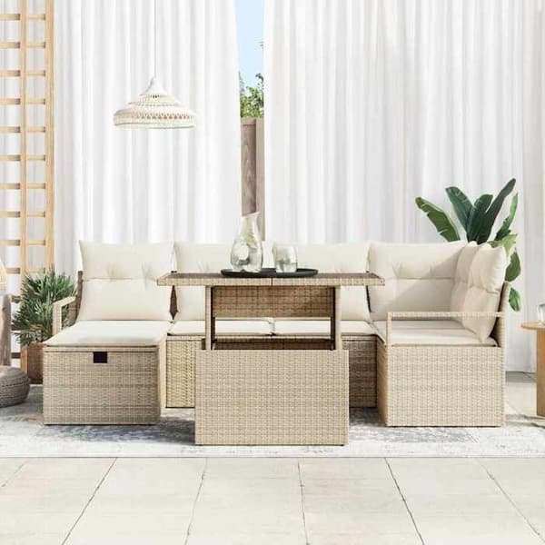 Maison Exclusive - 7 osan beige polyrottinkinen puutarhakalustesetti