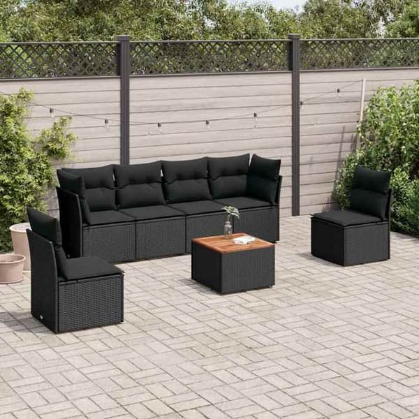 Maison Exclusive - Trädgårdsmöbler 7 delar med svarta kuddar i flätad resin Svart