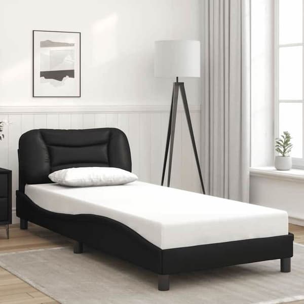 Sengestel - EKSKLUSIV HUS - Hvar - Sort kunstlæder - 80x200 cm - Polstret hovedgærde Svart