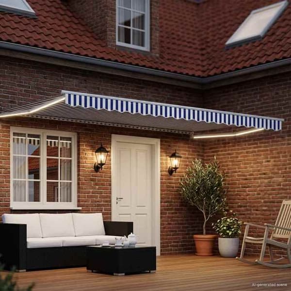 Maison Exclusive - Manuell markis med solenergi LED 4,5 x 3 m Blå och vit