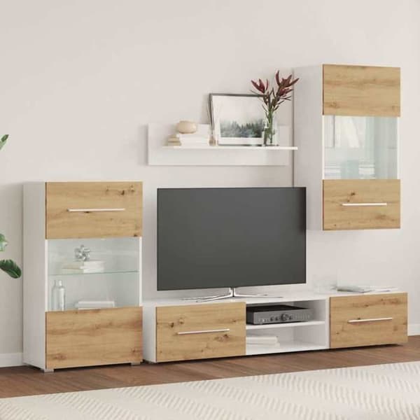 Maison Exclusive - TV-møbler og LED-lys 5 stk. egetræ håndværk ingeniørtræ