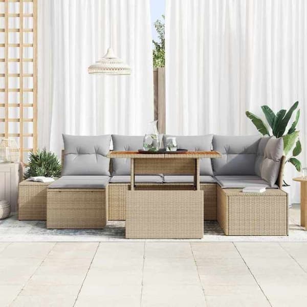 Maison Exclusive - 7 osan beige polyrottinkinen puutarhakalustesetti