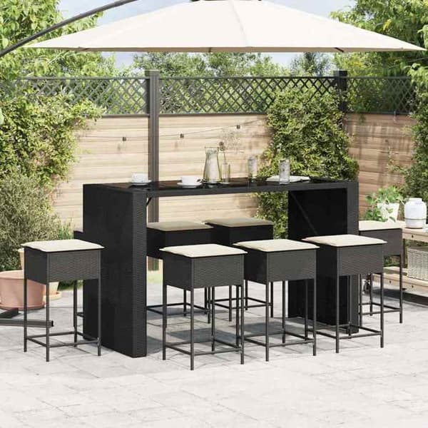Maison Exclusive - 9-delt havebar sæt med sorte polyrattan puder Svart