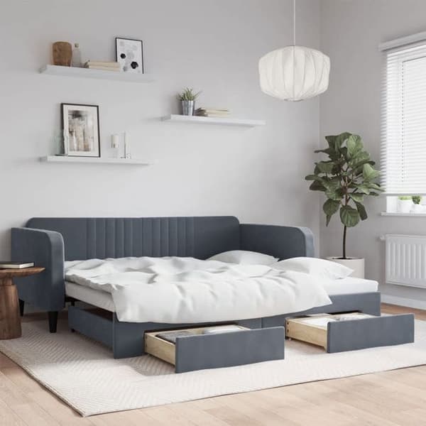 Päivävuode - EXKLUSIIVINEN TALO - Alusvuode - 100x200 cm - Harmaa sametti - 2 laatikkoa
