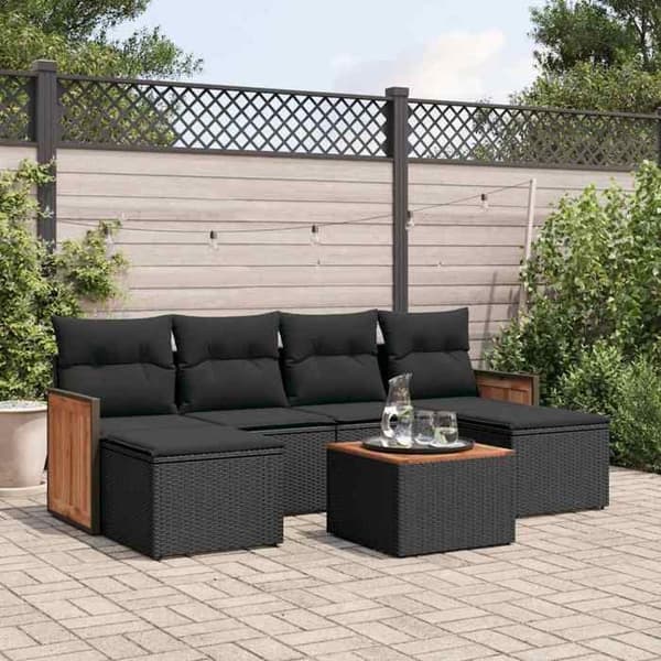 Maison Exclusive - Havegruppe 7 dele med sorte puder i flettet harv