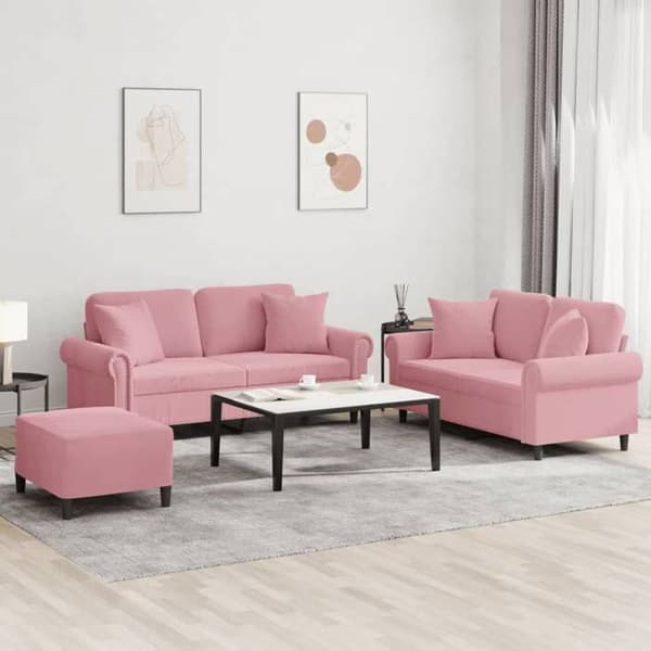 Maison Exclusive - 3-delars soffgrupp med rosa sammetkuddar Ros