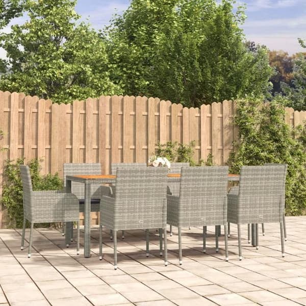 Trädgårdsmöbler - EXKLUSIVT HUS - 9-delars set - Flätad resin - Grå kuddar - Akaciabord Grå