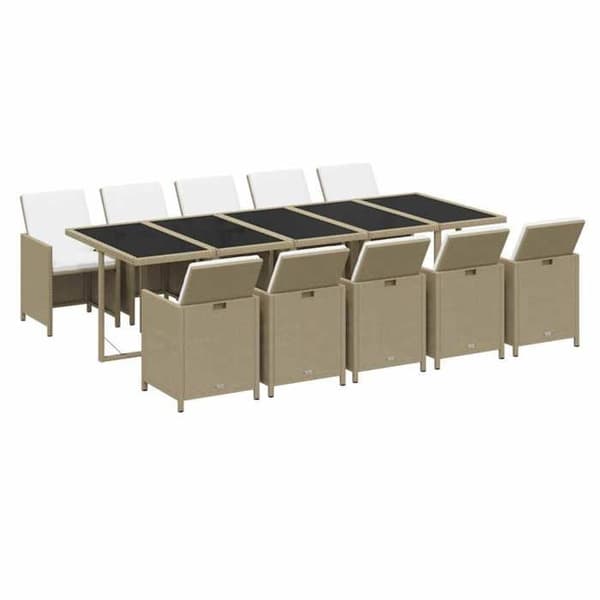 Maison Exclusive - Trädgårds matsalsset med kuddar 11 delar Flätad resin Beige