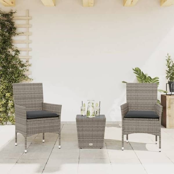 Maison Exclusive - Bistro-setti, jossa on tyynyt, 3 kpl, harmaa, rottinki ja lasi