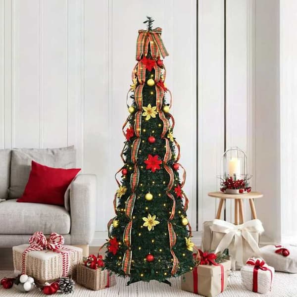 Kunstig juletræ - EKSKLUSIV HUS - Art Deco - 185 cm - 150 forudbelyste LED - USB pop-up foldbart Grön
