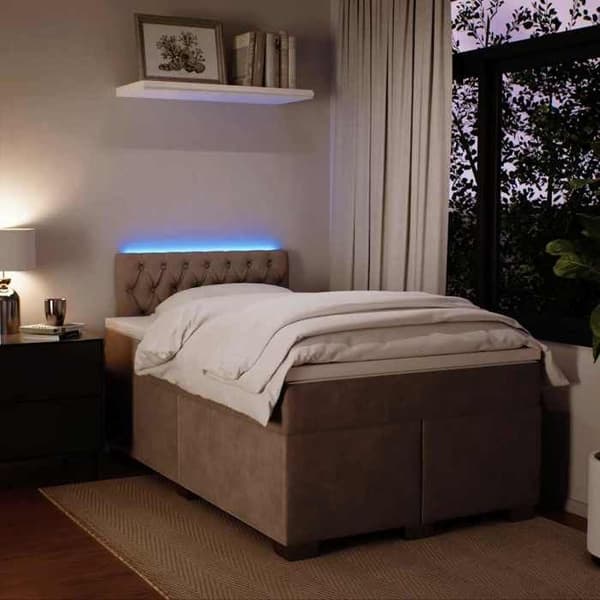 Sengestel med madras - 120x190cm - Lysgrå velour - Tilpasselige LED-lys - 2 pladser
