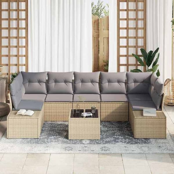 Trädgårdsmöbler - EXKLUSIVT HUS - Rektangulär - Beige och grå - 8 delar modulär - Fällbord och förvaring Beige och grå