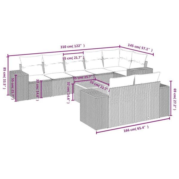 Maison Exclusive - Trädgårdsmöbler 9 delar med grå kuddar i flätad resin