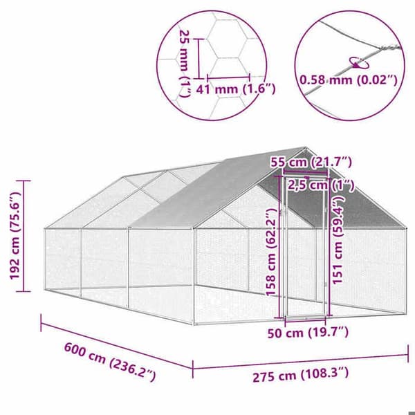 Exklusivt hus - Utomhus hönshus 2,75 x 6 x 1,92 m Galvaniserat stål Silverram; grått tak