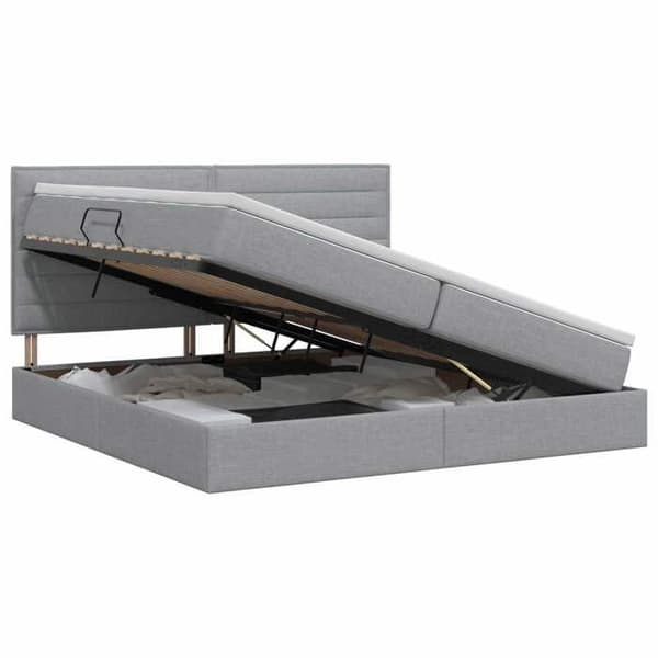 Sengestel med madras - EKSKLUSIV HUS - 200x200 - Side hydraulisk mekanisme - Lysegrå kunstlæder - Opbevaring Ljusgrått