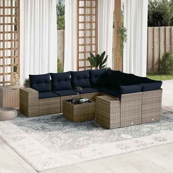 Modulær have-sofa - EKSKLUSIV HUS - Sæt 9 stk - Grå - Vævet PE-rattan - Tempereret glasplade Grå (grå kuddar)