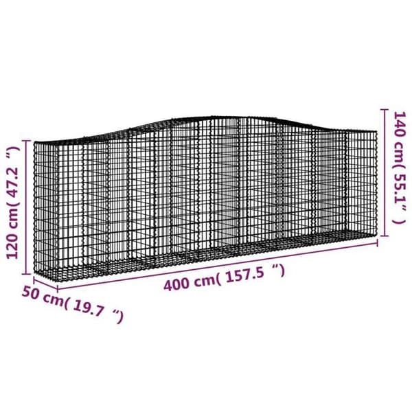 Bågformade gabionkorgar - Set om 5 st - 400x50x120/140 cm - Galvaniserat stål - Tråd 3,5 mm Silver