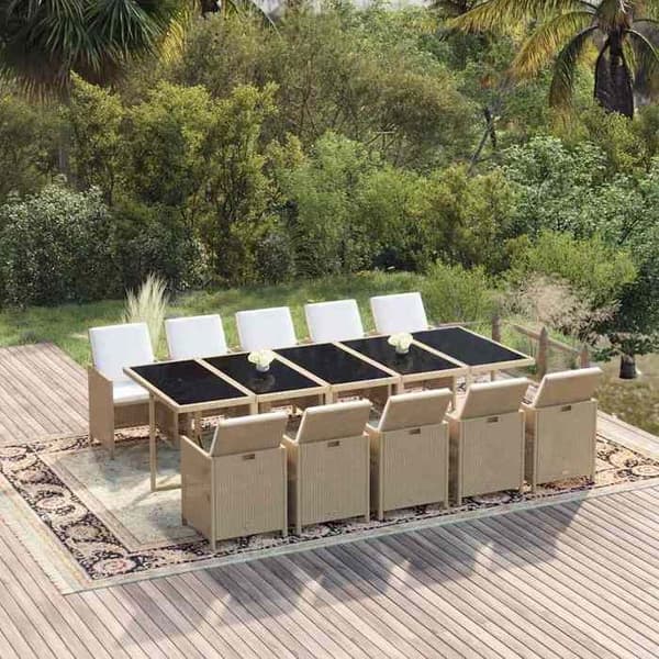 Maison Exclusive - Trädgårds matsalsset med kuddar 11 delar Flätad resin Beige