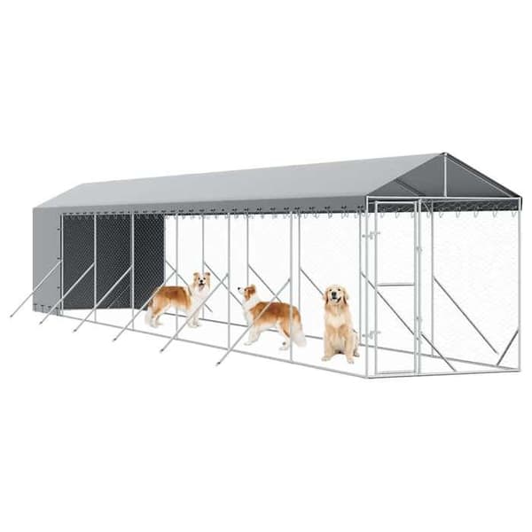 Exklusivt hus - Utomhus hundbur med silvertak 2x14x2,5 m Silverfärgad