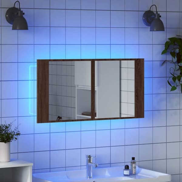 Maison Exclusive - LED-spejlskab til badeværelse i brunt egetræ 90x12x45 cm