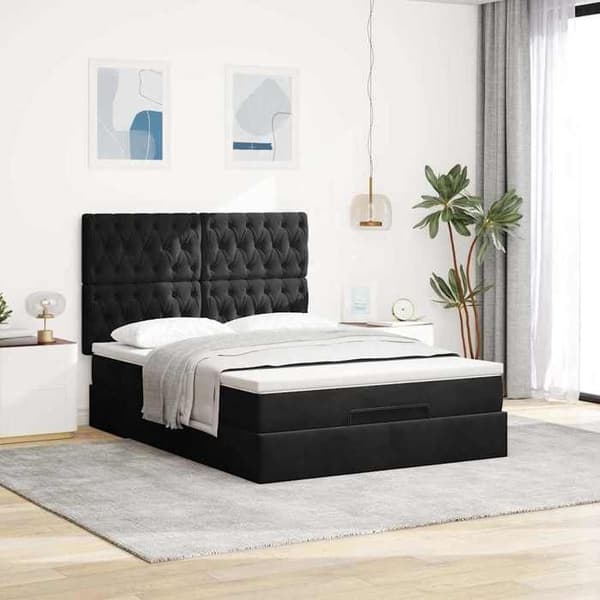 Ottoman sengestel - Eksklusiv hus - 140x190 cm - Sort velour - Hydraulisk opbevaring Sort