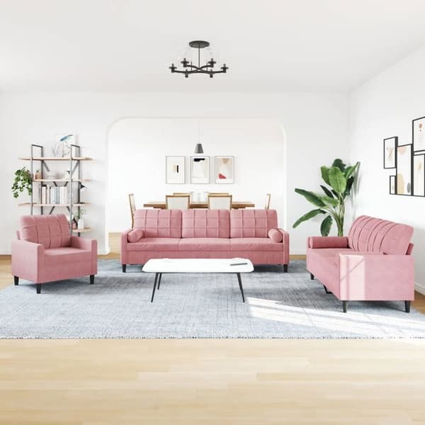 Maison Exclusive - Set med 3 soffor och kuddar och rullkuddar i rosa sammet Rosa (sammet)