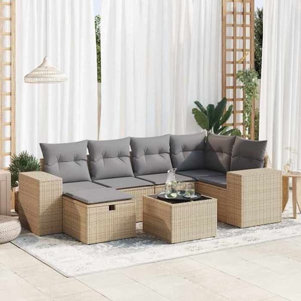 Maison Exclusive - Trädgårdsmöbler med kuddar 7 delar beige flätad resin
