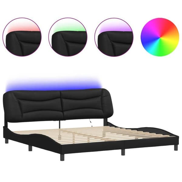 Sengestel - EKSKLUSIV HUS - Hvar - 200 x 200 cm - Syntetisk læder sort - LED USB 5V Svart