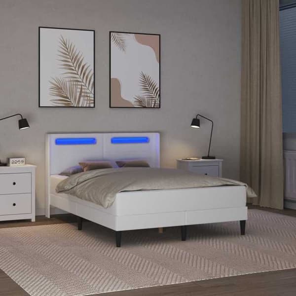 Sengestel - EKSKLUSIV HUS - 140 x 200 cm - Kunstlæder - Multifarvede LED-striber - USB-port Vit