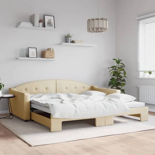 Päivävuode - EXCLUSIVE-KOTI - 100x200 cm - Alusvuode - Kermanvärinen kangas - Laatikkomakuupohja Grädde