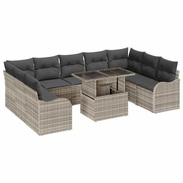Trädgårdsmöbler - EXKLUSIVT HUS - Set 10 delar - Ljusgrå - Poly rattan - Justerbart höjd bord Ljusgrått