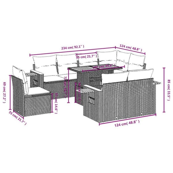 Maison Exclusive - Trädgårdsmöbler 9 delar med grå kuddar i flätad resin