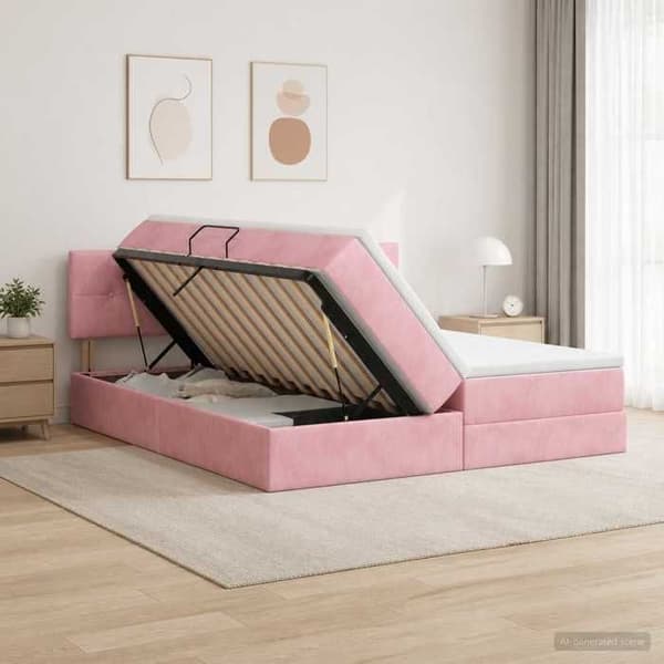 Sengestel med madras - EKSKLUSIV HUS - 2 dele - Rosa - Velour - Hydraulisk opbevaring Ros