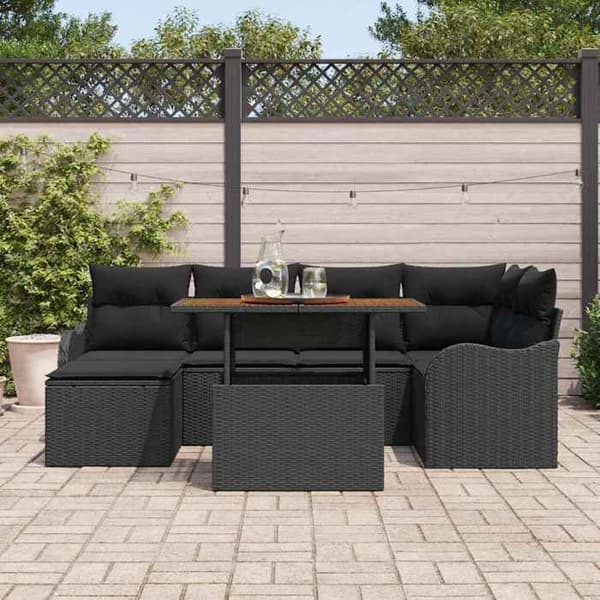 Havemøbler - EKSKLUSIVT HUS - Sæt 7 dele - Sort - Poly rattan & akacietræ - Rustfrit stålramme Svart